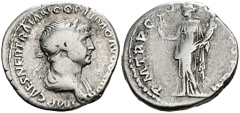 Римская Империя денарий 114 - 117 Траян PM TR P COS VI PP SPQR Фелицитата, персонификация Счастья Рим Very fine RIC 343 серебро 1073-4-33