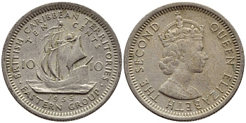 Британские Восточно-Карибские территории 10 центов 1955 Елизавета II (1952-2022), парусник KM 5 медно-никель 4387-145