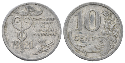 Франция, Ницца 10 сантимов 1920 диаметр 25 мм, вес 1,5 гр Elie mon 10.2 алюминий 4126-1014