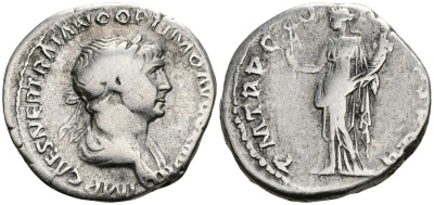 Римская Империя денарий 114 - 117 Траян PM TR P COS VI PP SPQR Фелицитата, персонификация Счастья Рим Very fine RIC 343 серебро 1073-4-33