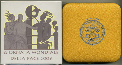 Ватикан 5 евро 2009 Бенедикт XVI, Международный год мира, в оригинальной коробке с сертификатом KM 415 серебро PROOF 7-1-1-27