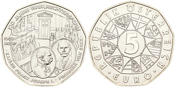 Австрия 5 евро 2007 100 лет Всеобщему избирательному праву, Франц Иосиф KM 3144 серебро UNC 01-234-34