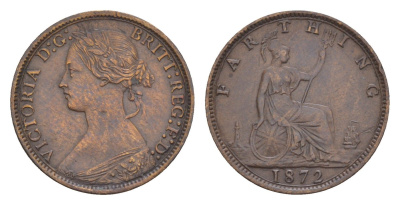 Великобритания 1 фартинг 1872 Виктория (1837-1901) KM 747.2, Spink 3958 бронза 1520-1135