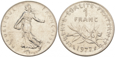 ФРАНЦИЯ 1 ФРАНК 1977 СЕЯТЕЛЬ KM 925.1, LE FRANC 226.22 никель 68-121
