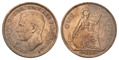 Великобритания 1 пенни 1938 Георг VI (1936-1952) KM 845, Spink 4114 бронза 4645-624