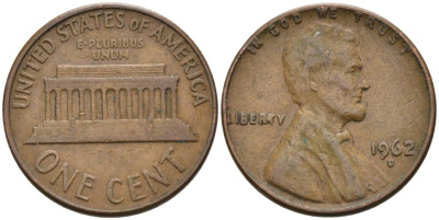 США 1 цент 1962 D, Линкольн KM 201 медь цинк 4564-414