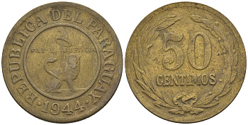 Парагвай 50 сентимо 1944 лев, фригийский колпак на шесте KM 24 алюминиевая бронза    4177-942