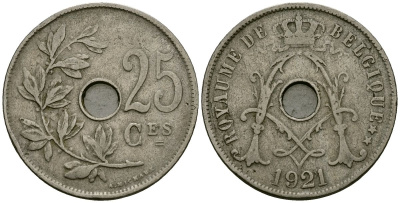 Бельгия 25 сантимов 1921 Belgique KM 68 медно-никель 4168-1226