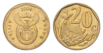 ЮАР 20 центов 2004 герб, цветок протея KM 328 сталь плакированная бронзой UNC 4687-561