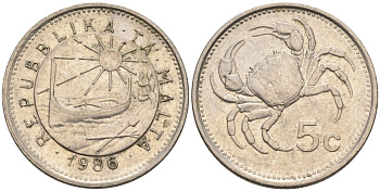 Мальта 5 центов 1986 краб KM 77 медно-никель 4516-715