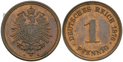 Германия 1 пфенниг 1876 A, Вильгельм I (1871-1888) KM 1, J. 1 медь aUNC 1525-411