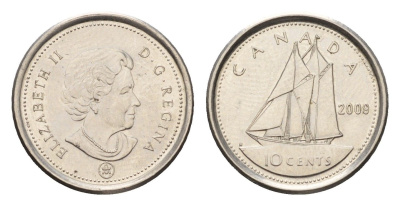 Канада 10 центов 2009 Leaf, Елизавета II (1952-2022), парусник KM 492 сталь плакированная никелем UNC 4689-628
