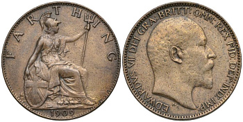 Великобритания 1 фартинг 1909 Эдуард VII (1901-1910), KM 792, Spink 3992 бронза 4548-1136