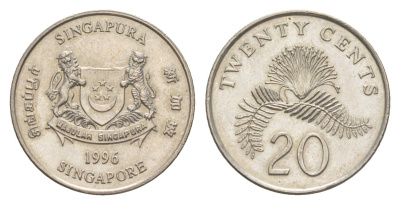 Сингапур 20 центов 1996 KM 52 медно-никель 4640-534