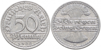 ГЕРМАНИЯ 50 ПФЕННИГОВ 1922 D KM 27, J. 301, Weege 10 алюминий 77-626