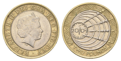 Великобритания 2 фунта 2001 Елизавета II (1952-2022), столетие трансатлантическому радио KM 1014, Spink 4572 (K11) биметалл 77-1131