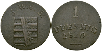 Саксен-Веймар-Эйзенах 1 пфенниг 1810 S.W.U.E. , Карл Август (1758-1809-1828), редкий вариант зеркальные "1" KM 56d медь    99-555