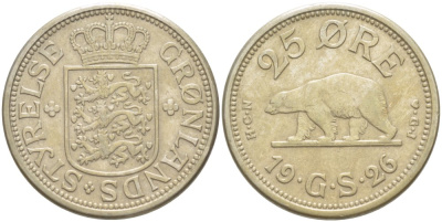 Гренландия 25 эре 1926 NCN; CJ, медведь, датская колония, Кристиан X (1912-1947) KM 5 медно-никель 1520-424