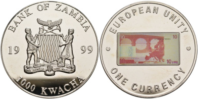 Замбия 1000 квача 1999 серия европейский союз - одна валюта, 10 евро реверс, серебрение KM 123 медь никель цинк 1098-3-34