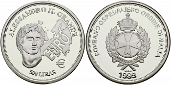 Мальта 500 лир 1999 Александр Великий, еврозона KM Х302 серебро  PROOF  11-224-23
