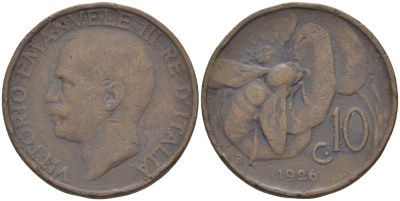 ИТАЛИЯ 10 ЧЕНТЕЗИМО 1926 R, ВИКТОР ИММАНУИЛ, ПЧЕЛА KM 60 медь 4544-1056