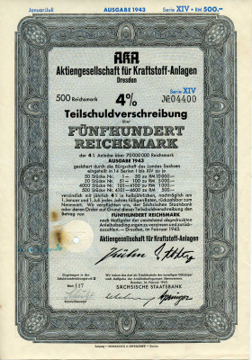 Германия 500 рейхсмарок 1943 АО топливных заводов, Дрезден, также известное как AKA, 4%частичное обязательство, серия XIV, облигация   бумага   8802-47-1