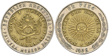 Аргентина 1 песо 1995 C, майское солнце, 8 эскудо 1813, малый герб KM 112.2, CJ 6.2.4, Schon 113 биметалл    60-457