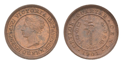 Цейлон 1/4 цента 1901 Виктория (1837-1901) KM 90 медь UNC 1516-1044