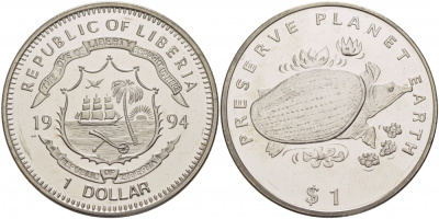 ЛИБЕРИЯ 1 ДОЛЛАР 1994 ЧЕРЕПАХА KM 124 медно-никель UNC 261-125