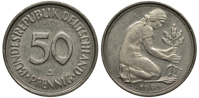 ФРГ 50 пфеннигов 1991 А, монетный двор Берлин KM 109.2, J. 384а медно-никель 186-833