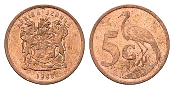 ЮАР 5 центов 1999 герб, райский журавль KM 160 сталь плакированная медью UNC 4687-228