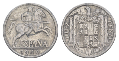 Испания 10 сентимо 1940 рыцарь на коне, Франсиско Франко (1939-1975) KM 766 алюминий 4619-1113