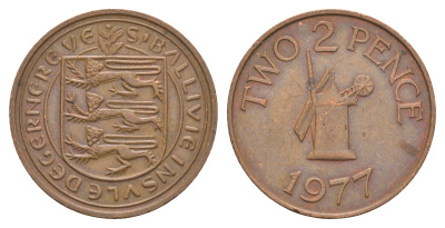 Гернси 2 пенса 1977 Елизавета II (1952-2022), ветряная мельница KM 28 бронза 4656-1056