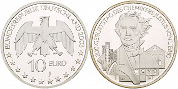 ФРГ 10 евро 2003 J, 200 лет со дня рождения Юстуса фон Либиха KM 222, DE.S. 10.7 серебро PROOF 02-117-16