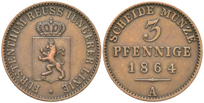 Рейсс-Шлейц 3 пфеннига 1864 A, Генрих XXII (1859-1867) KM 70 медь 68-842