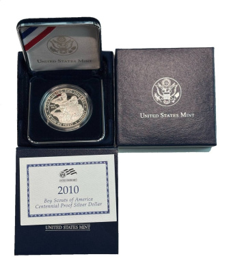 США 1 доллар 2010 100 лет бойскаутам Америки, в оригинальной коробке, с сертификатом KM 480 серебро PROOF 3-4-10-10