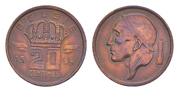 Бельгия 20 сантимов 1954 Belgie, Бодуэн I (1951-1993) KM 147.1 бронза 4169-834