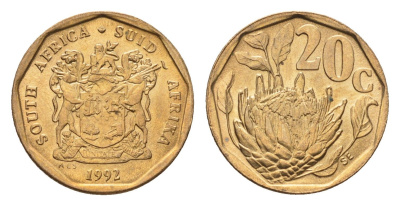 ЮАР 20 центов 1992 герб, цветок протея KM 136 сталь плакированная бронзой UNC 4694-821