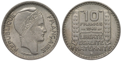 Франция 10 франков 1948 В, тип Пьер Турин KM 909.2, Le Franc 362.4 медно-никель 4123-544
