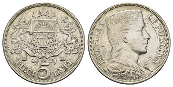 Латвия 5 латов 1929 девушка KM 9 серебро 443-924