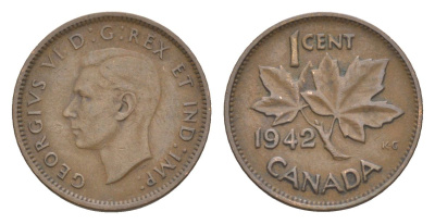 Канада 1 цент 1942 Георг VI (1936-1952), кленовый лист KM 32 бронза 4630-515