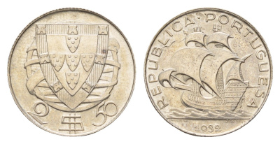 Португалия 2,5 эскудо 1932 парусник KM 580 серебро aUNC 650-1845