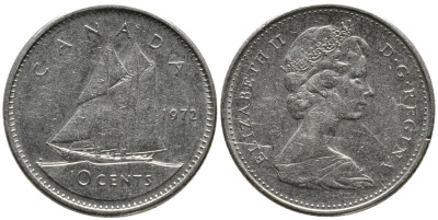 КАНАДА 10 ЦЕНТОВ 1972 ЕЛИЗАВЕТА II (1952-), ПАРУСНИК, ВТОРОЙ ПОРТРЕТ В КОРОНЕ KM 77.1 никель 4532-815