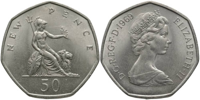 Великобритания 50 пенсов 1969 Елизавета II (1952-2022) KM 913, Spink 4223 (H1) медно-никель UNC 114-232