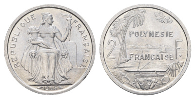 Французская Полинезия 2 франка 1965 год-тип KM 3 алюминий UNC 4666-511