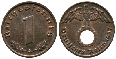 Германия 1 рейхспфенниг 1937 A KM 89, J. 361 бронза    220-236