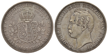 Ангальт-Дессау 1 талер 1863 A, Герцог Ангальта Леопольд Фридрих (1817-1871), 200 лет повторного объединения Ангальтских герцогств J. 77, AKS 35, KM 15 серебро 00-000-00