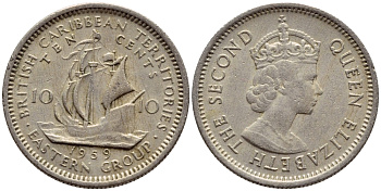 Британские Восточно-Карибские территории 10 центов 1959 Елизавета II (1952-2022), парусник KM 5 медно-никель 4387-836