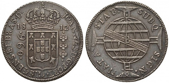 Бразилия 960 рейс 1812 В, монетный двор Бахия (Bahia), перечекан, патина, Жоао принц-регент (1799-1818) KM 307.1 серебро 00-000-00