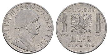 Албания 1 лек 1939 R, Виктор Эммануил III KM 31 нержавеющая сталь 4646-1035